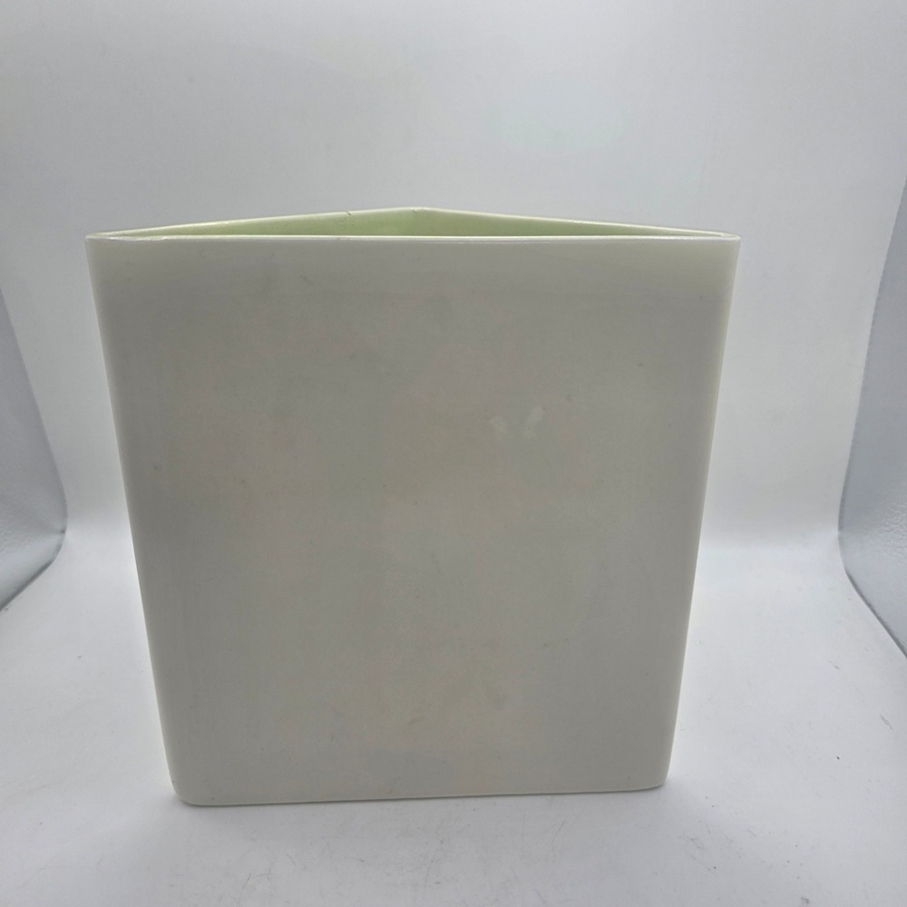 Vintage MCM Triangular Ceramic Vase Planter Ivory Cream Green Interior Geometric